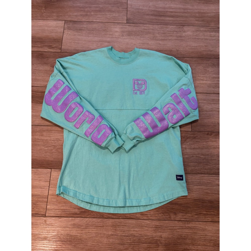 Disney World Spirit Jersey Mint Green Purple Glitter Puff Print Small S 1971